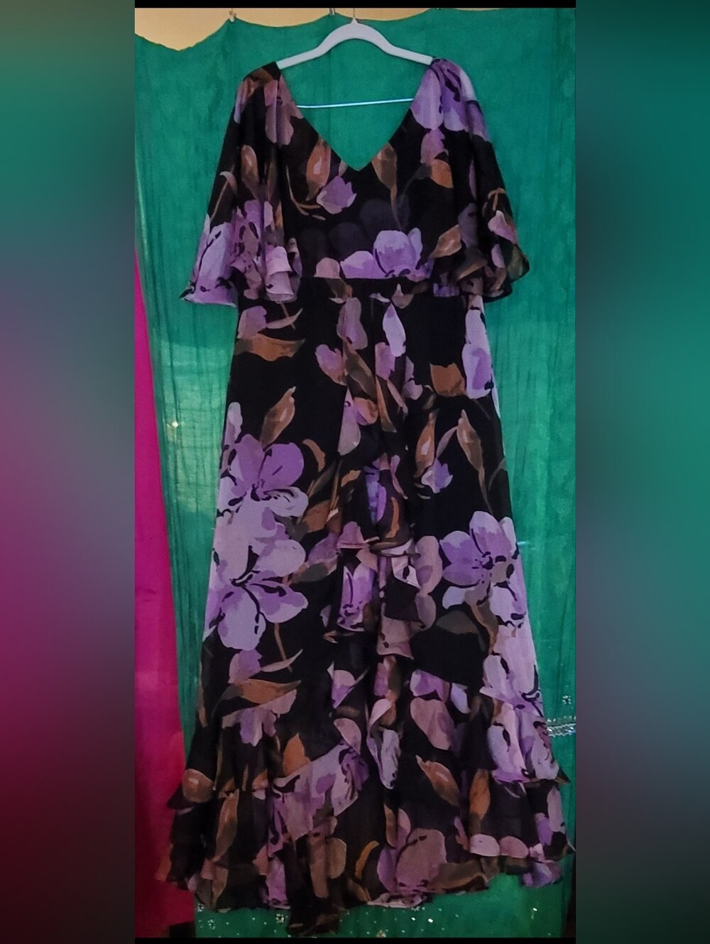 Coldwater Creek Black Maxi Dress with Purple Floral Print